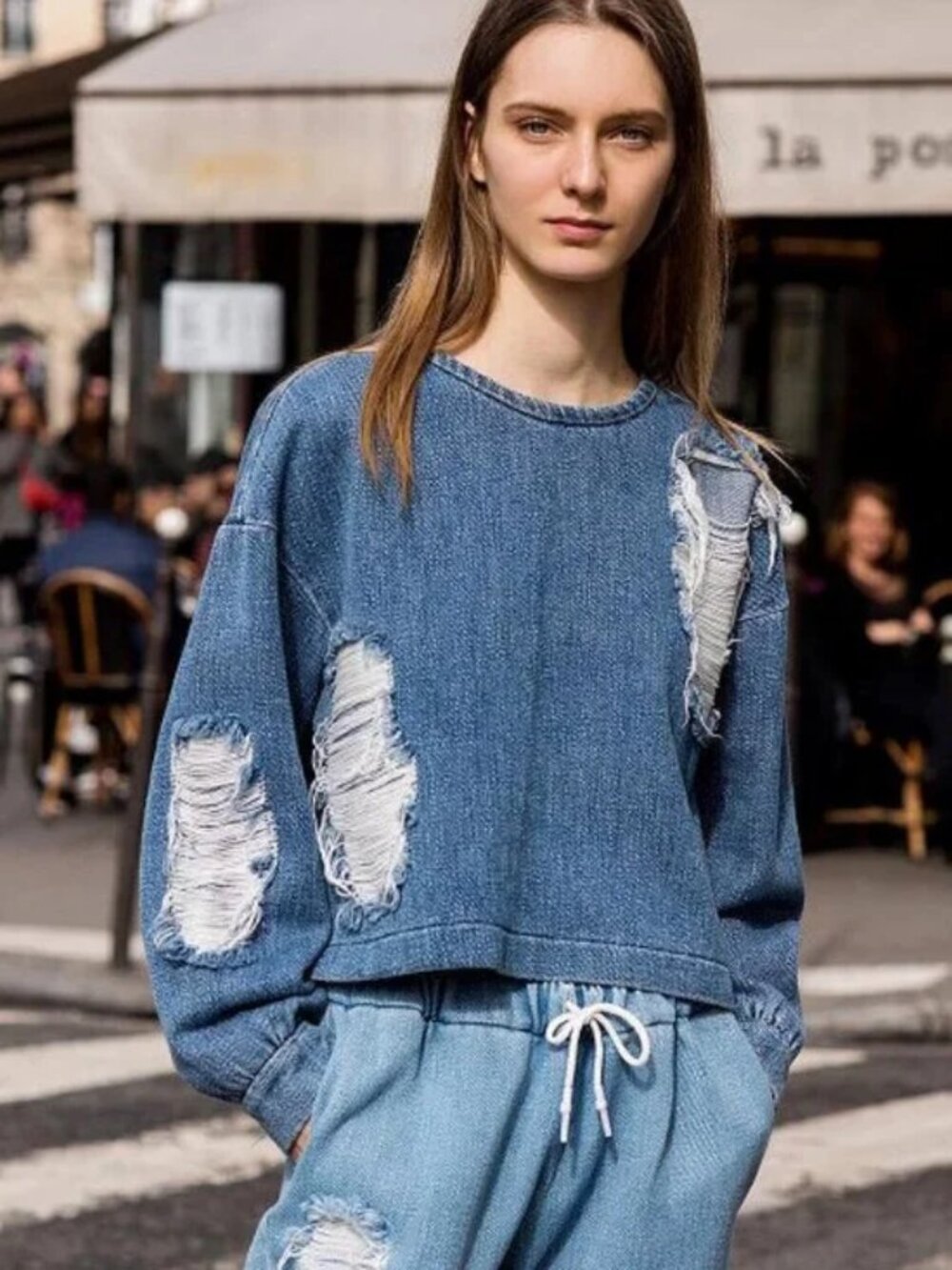 Designer Fall-Winter 2018 Ready-To-Wear Collection Distressed Denim Top Sweater - Picture 7 of 16